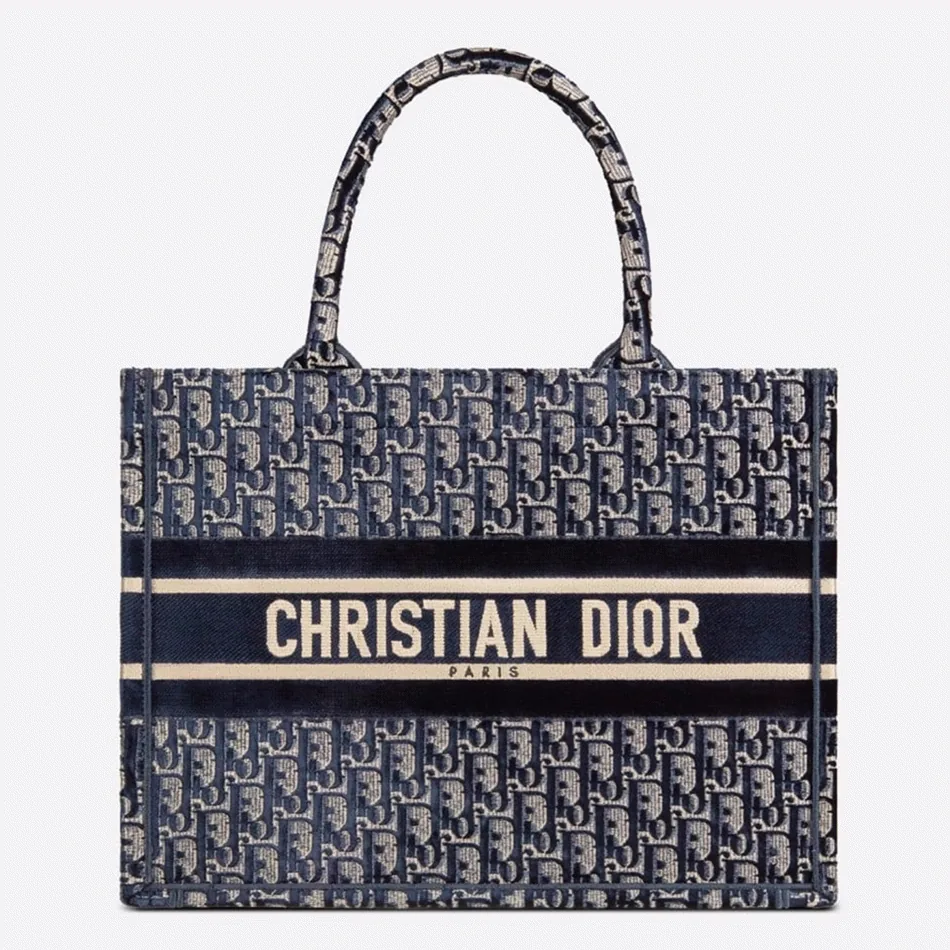 Replica Dior Medium Book Tote Bag in Blue Velvet Oblique Embroidered thumbnail