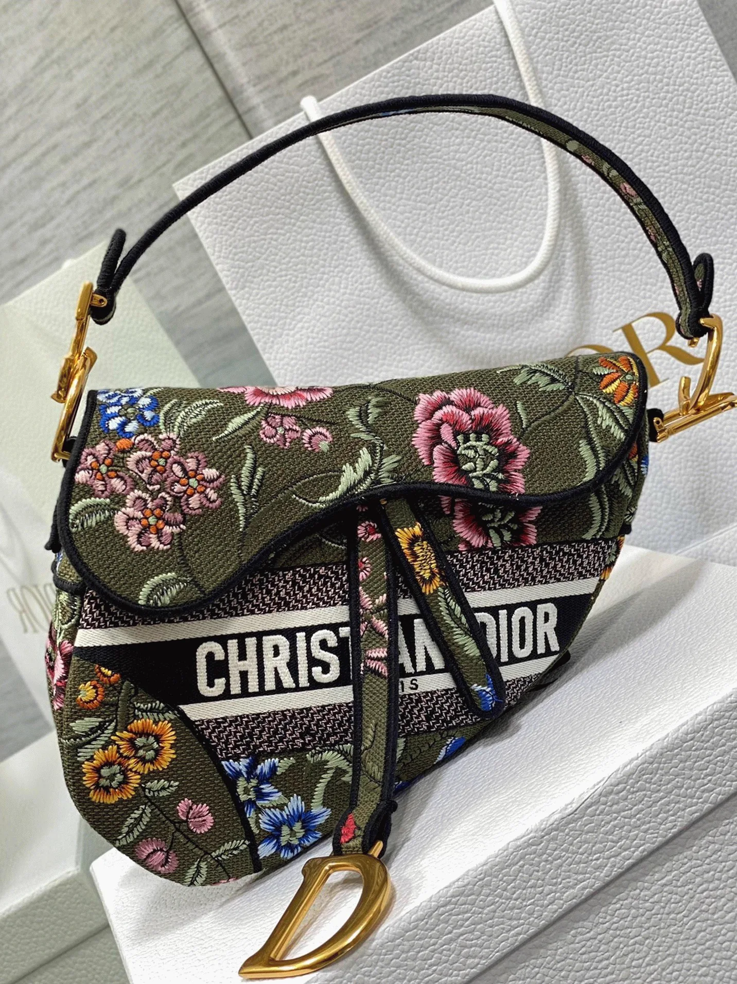 Reference image illustrating Replica Dior Saddle Bag in Green Multicolor Dior Petites Fleurs Embroidery