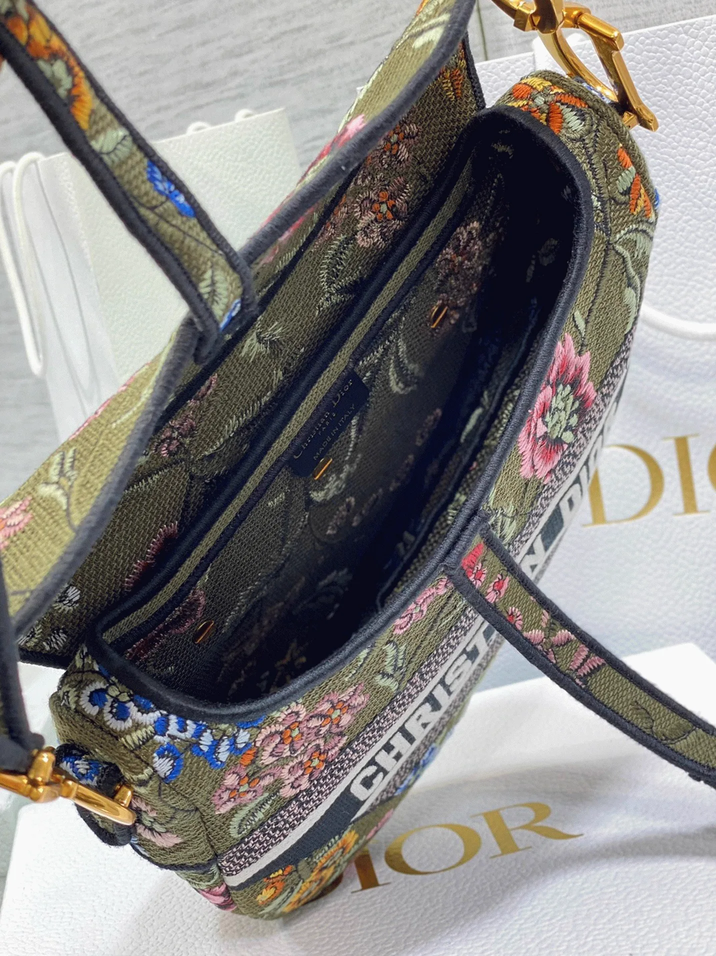 Reference image illustrating Replica Dior Saddle Bag in Green Multicolor Dior Petites Fleurs Embroidery