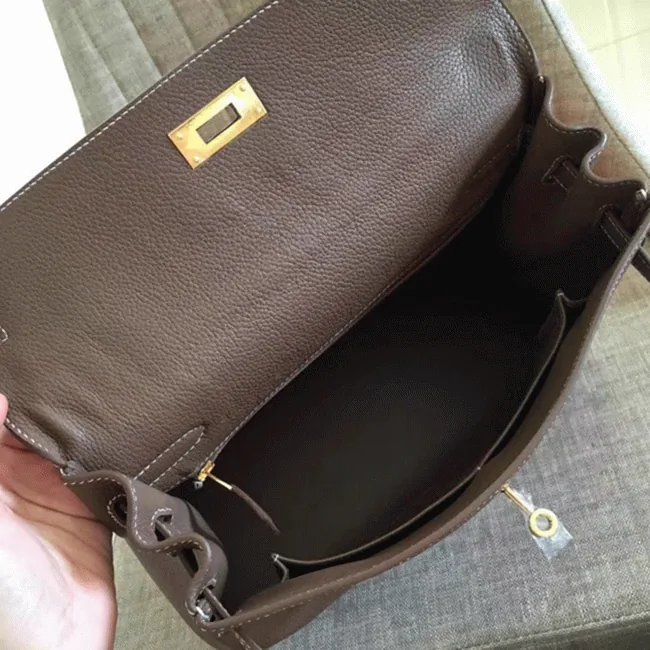 Reference image illustrating Replica Hermès Kelly Retourne 32cm Bag in Etoupe Clemence Leather – A Style Icon
