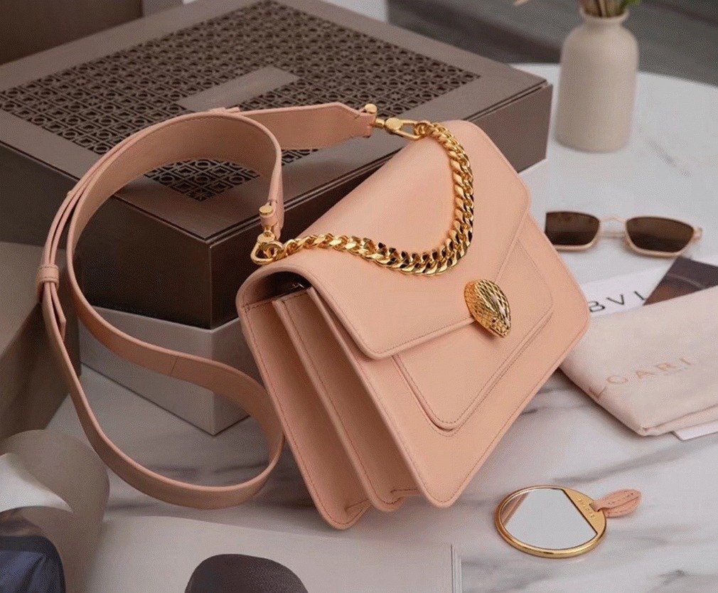 Reference image illustrating Replica Bvlgari Serpenti Forever Medium Crossbody Bag with Chain in Nude