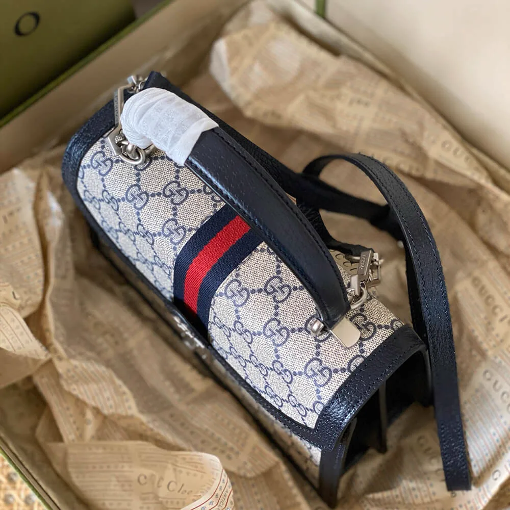 Reference image illustrating Replica Gucci Ophidia Small Top Handle Bag – Iconic GG Supreme Canvas & Web Stripe Design