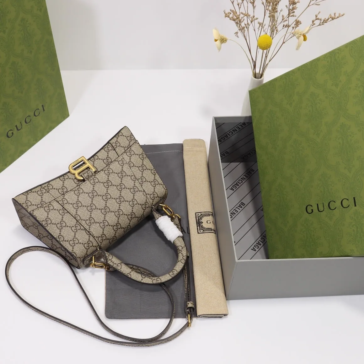 Reference image illustrating Replica Gucci x Balenciaga Small Hourglass Bag – The Houndstooth Collaboration Icon
