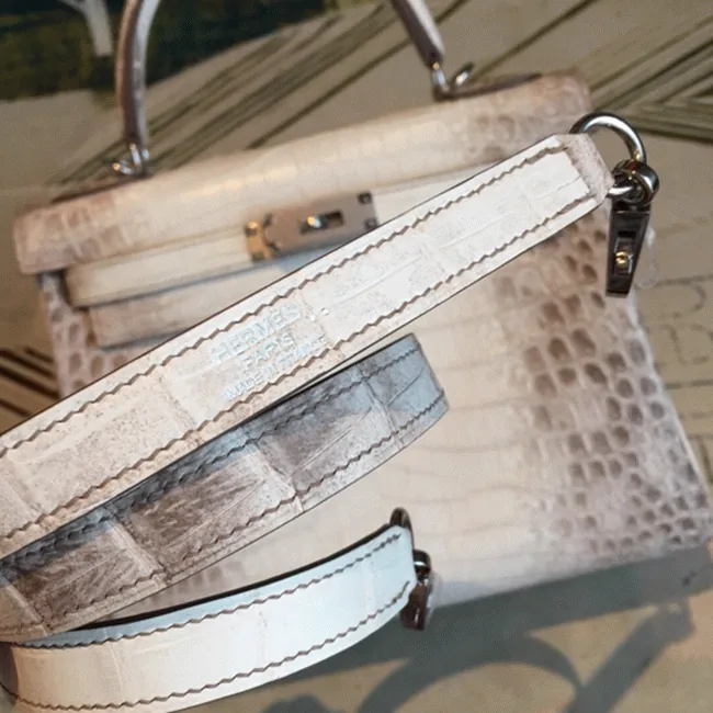 Reference image illustrating Replica Hermès Kelly 28cm in Himalaya Niloticus Crocodile – A Detailed Style Guide
