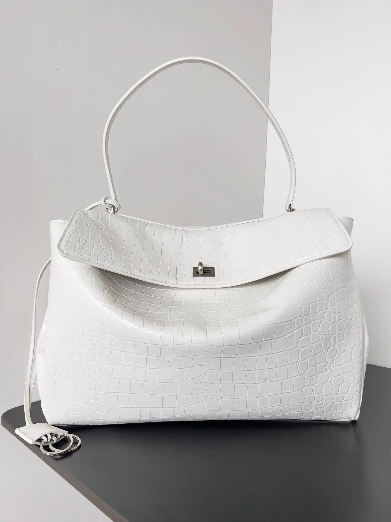 Reference image illustrating Replica Balenciaga Rodeo Large Bag White Crocodile Embossed Calfskin