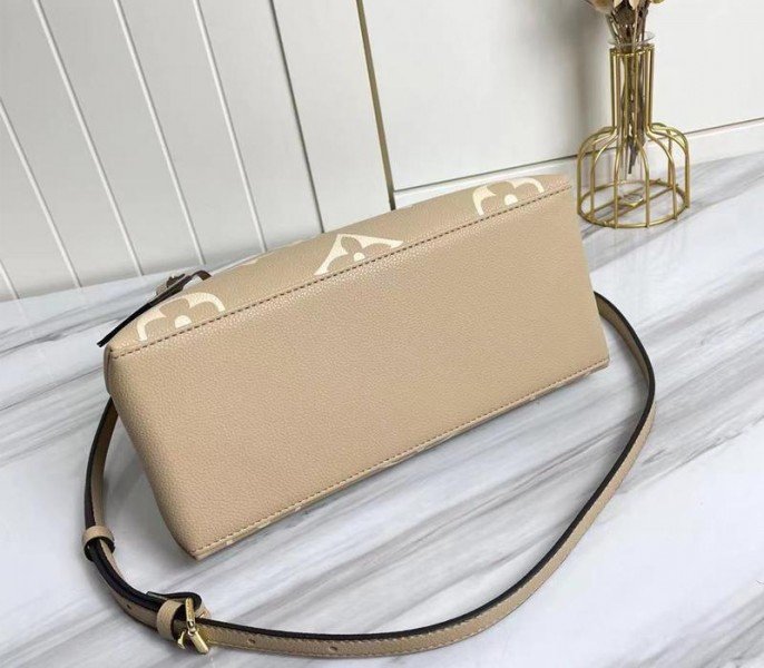 Reference image illustrating Replica Louis Vuitton Bicolor Monogram Empreinte Petit Palais Handbag in Tourterelle Gray and Cream