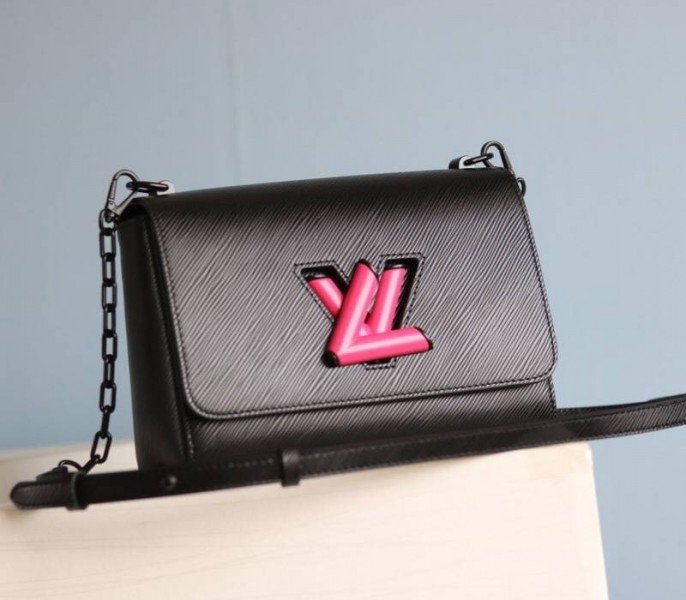 Reference image illustrating Replica Louis Vuitton Epi Leather Twist MM Bag Black Vibrant Pink Twist Lock