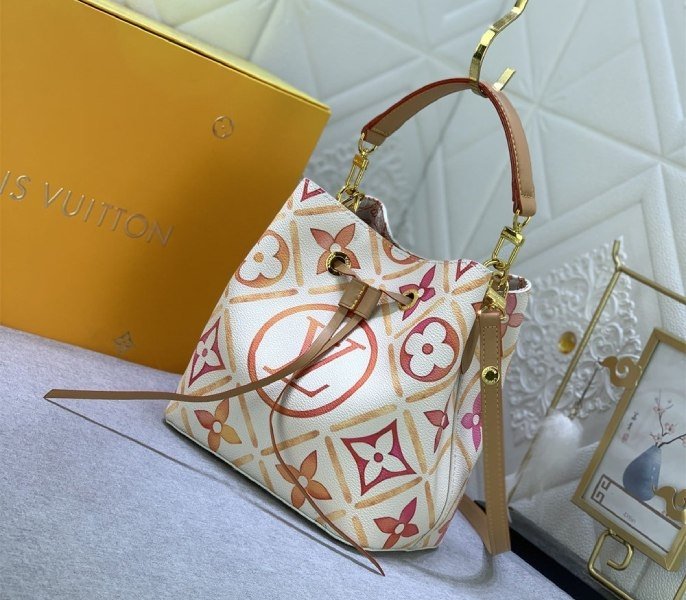 Reference image illustrating Replica Louis Vuitton LV By The Pool Monogram Tiles Canvas NeoNoe BB Bag in Coral
