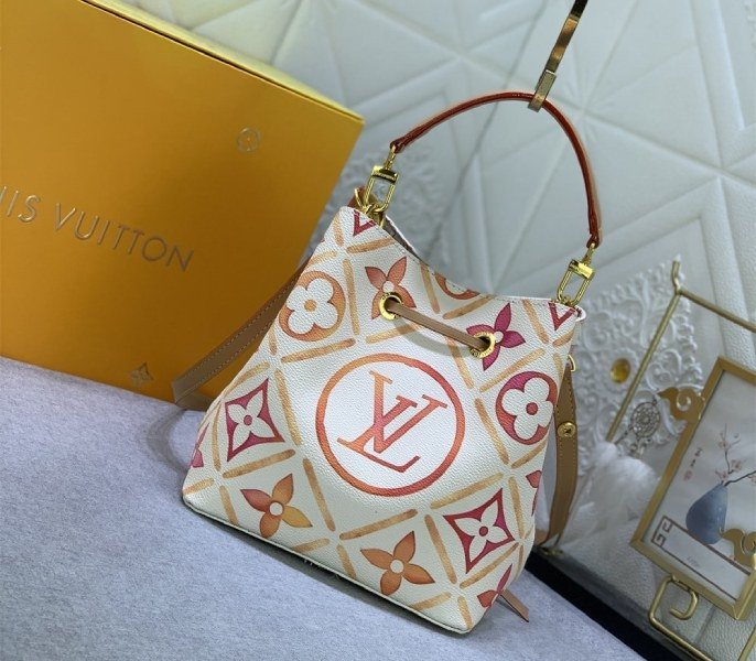 Reference image illustrating Replica Louis Vuitton LV By The Pool Monogram Tiles Canvas NeoNoe BB Bag in Coral