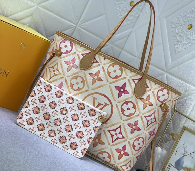 Reference image illustrating Replica Louis Vuitton LV By The Pool Monogram Tiles Canvas Neverfull MM Tote in Coral