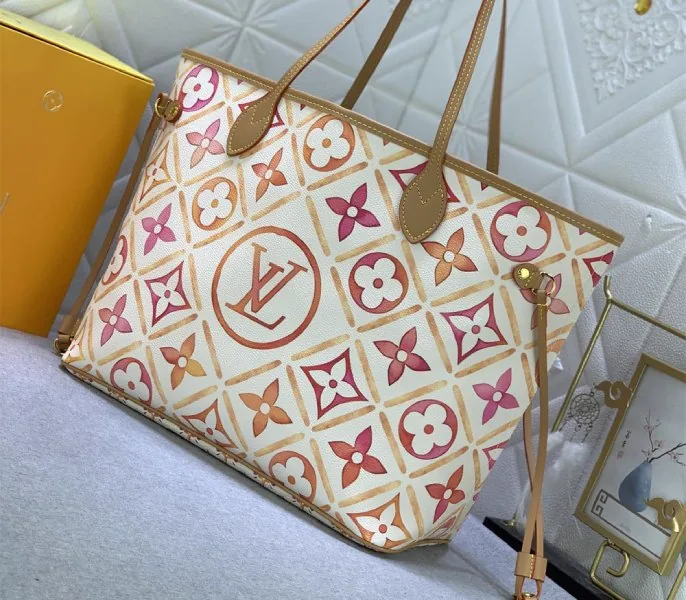 Reference image illustrating Replica Louis Vuitton LV By The Pool Monogram Tiles Canvas Neverfull MM Tote in Coral