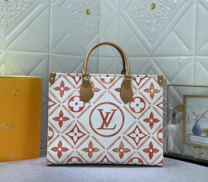 Replica Louis Vuitton LV By The Pool Monogram Tiles Canvas Onthego MM Tote In Coral cover image