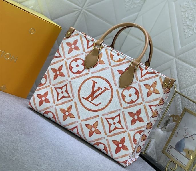Reference image illustrating Replica Louis Vuitton LV By The Pool Monogram Tiles Canvas Onthego MM Tote In Coral