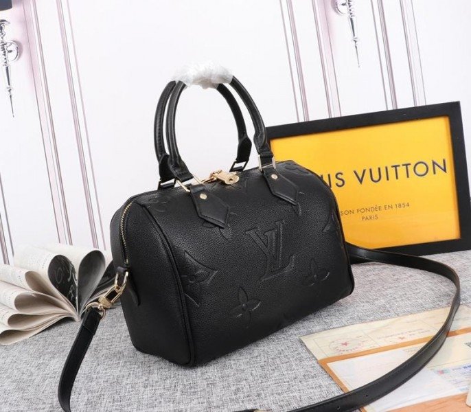 Reference image illustrating Replica Louis Vuitton Monogram Empreinte Speedy Bandoulière 25 Handbag in Black