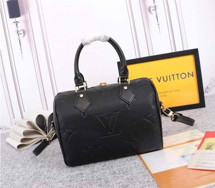 Reference image illustrating Replica Louis Vuitton Monogram Empreinte Speedy Bandoulière 25 Handbag in Black