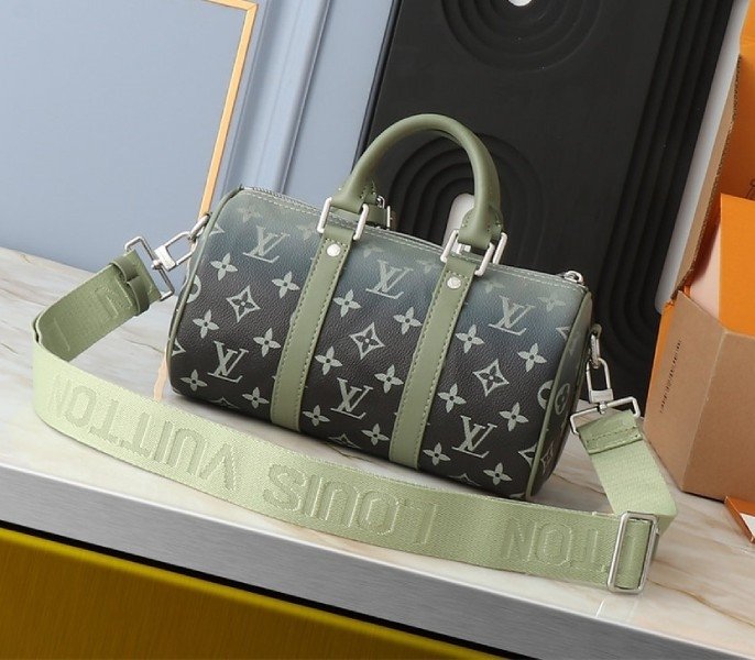 Reference image illustrating Replica Louis Vuitton Monogram Gradient Canvas Keepall Bandouliere 25 City Bag in Khaki Green