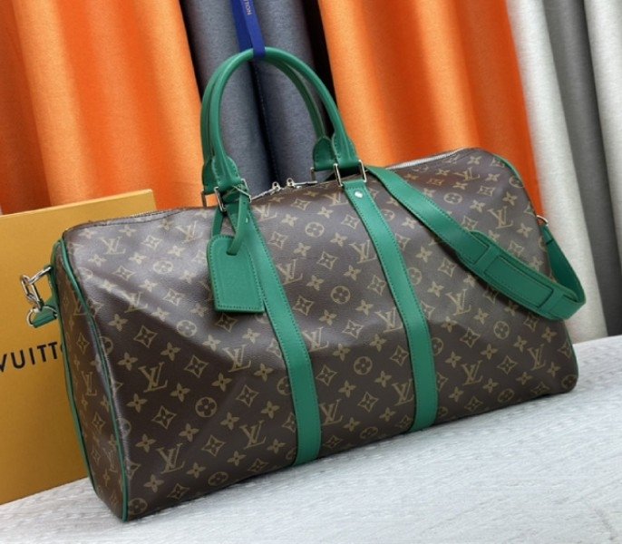 Reference image illustrating Replica Louis Vuitton Monogram Macassar Canvas Keepall Bandouliere 50 in Borneo Green