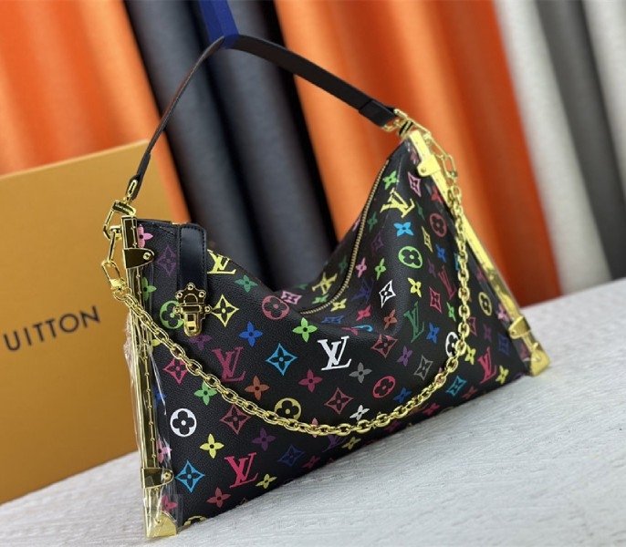Reference image illustrating Replica Louis Vuitton x Takashi Murakami Multicolored Lucky Trunk Bag in Black