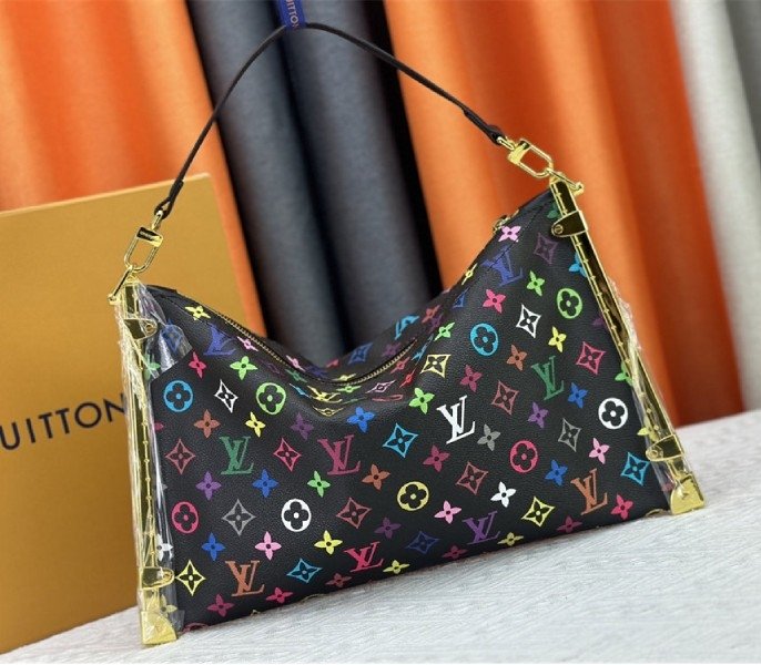 Reference image illustrating Replica Louis Vuitton x Takashi Murakami Multicolored Lucky Trunk Bag in Black