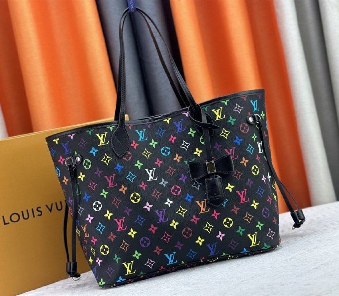 Reference image illustrating Replica Louis Vuitton x Takashi Murakami Multicolored Neverfull MM in Black – Iconic 2003 Collaboration Tote
