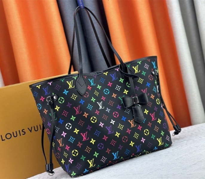 Reference image illustrating Replica Louis Vuitton x Takashi Murakami Multicolored Neverfull MM in Black – Iconic 2003 Collaboration Tote