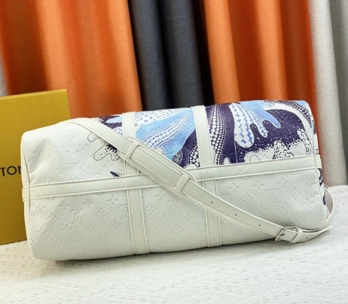 Reference image illustrating Replica Louis Vuitton x Yayoi Kusama Bandoulière Keepall 50 Travel Bag in White