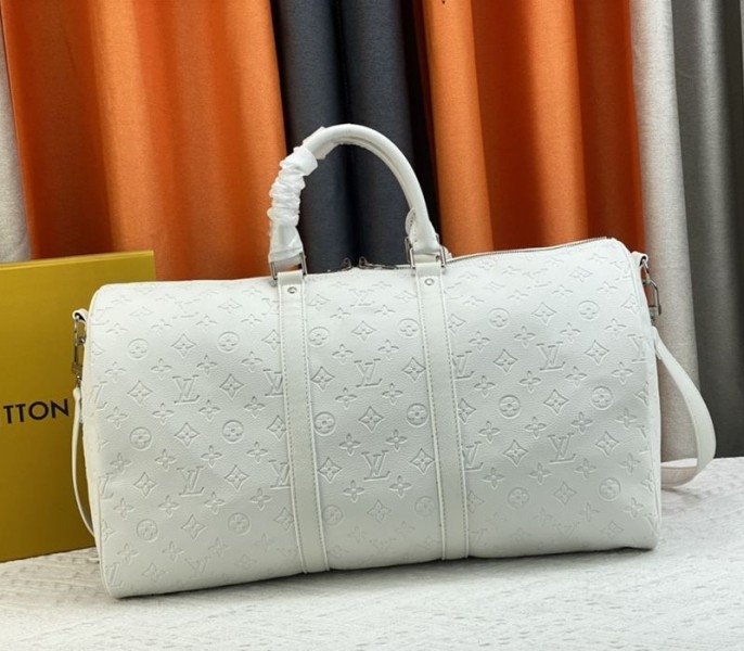Reference image illustrating Replica Louis Vuitton x Yayoi Kusama Bandoulière Keepall 50 Travel Bag in White