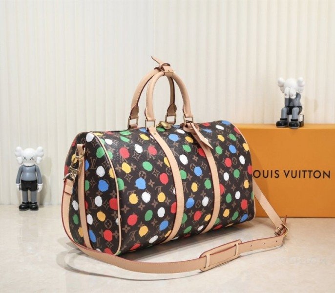 Reference image illustrating Replica Louis Vuitton X Yayoi Kusama Monogram Canvas Keepall Bandoulière 45 Travel Bag