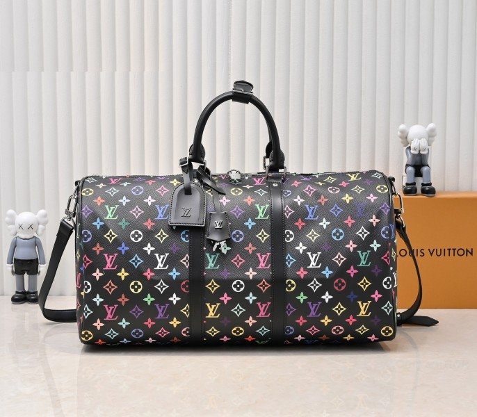 Replica LV X TM Multicolored Keepall Bandouliere 50 in Black – Iconic Louis Vuitton x Takashi Murakami Travel Bag cover image