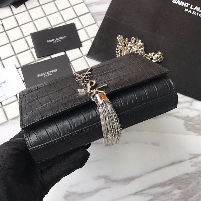 Reference image illustrating Replica Yves Saint Laurent Monogram Chain Wallet in Crocodile Embossed Shiny Leather (Unconfirmed Model)