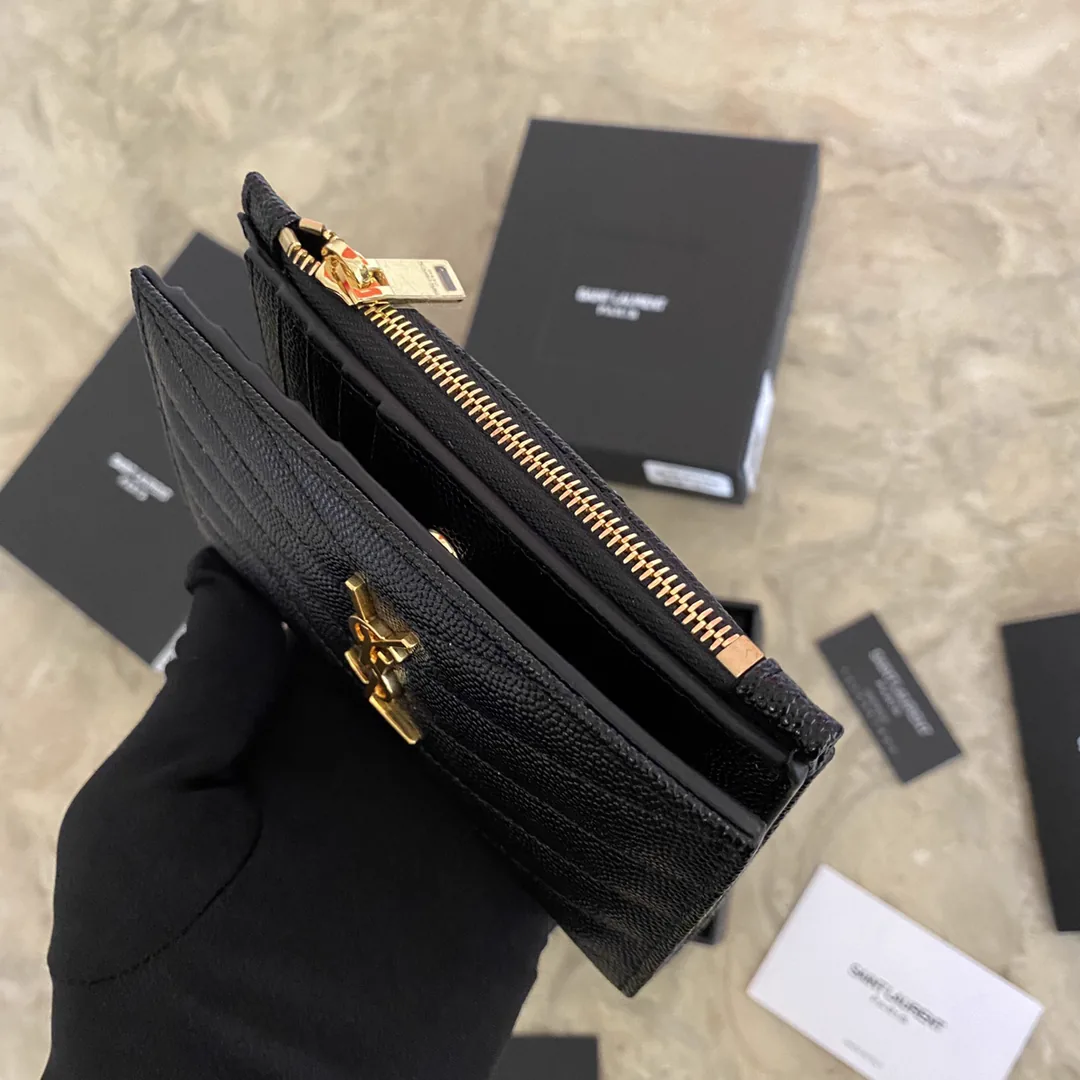 Reference image illustrating Replica Yves Saint Laurent Monogram Zippered Two-Part Wallet in Grain de Poudre Embossed Leather