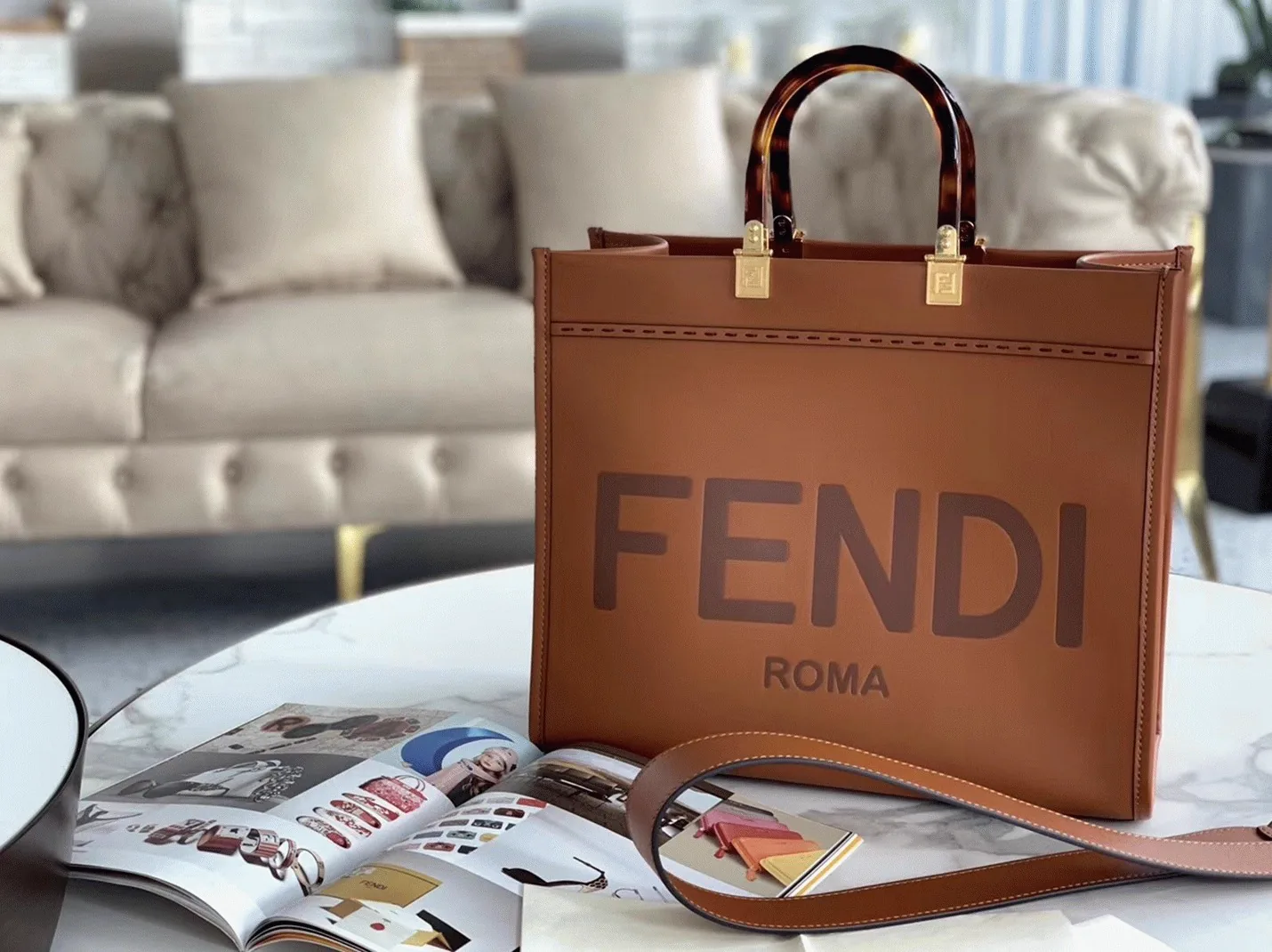 Reference image illustrating Replica Fendi Sunshine Medium Tote Bag in Brown Calfskin – A Detailed Style Guide