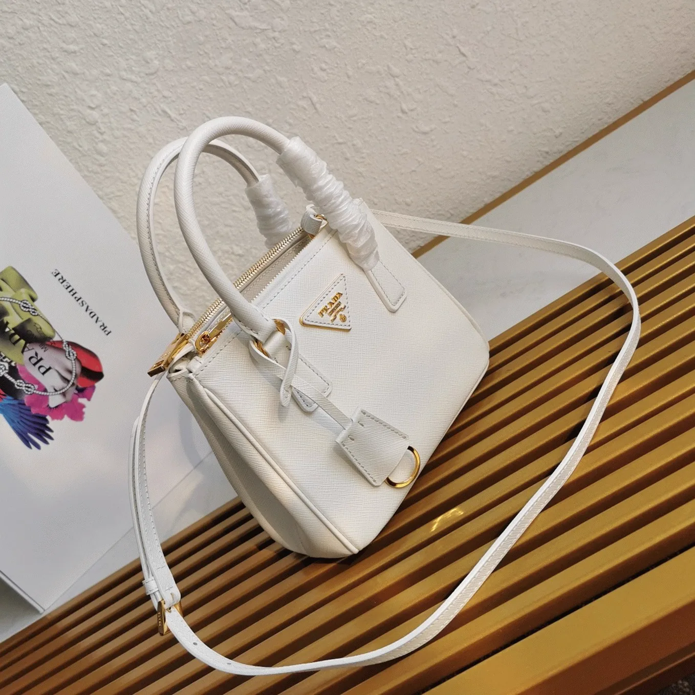 Reference image illustrating Replica White Prada Mini Galleria Bag in Saffiano Leather