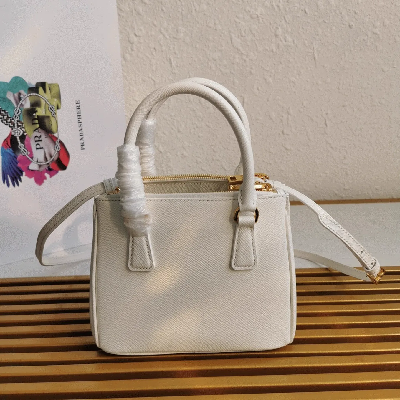 Reference image illustrating Replica White Prada Mini Galleria Bag in Saffiano Leather