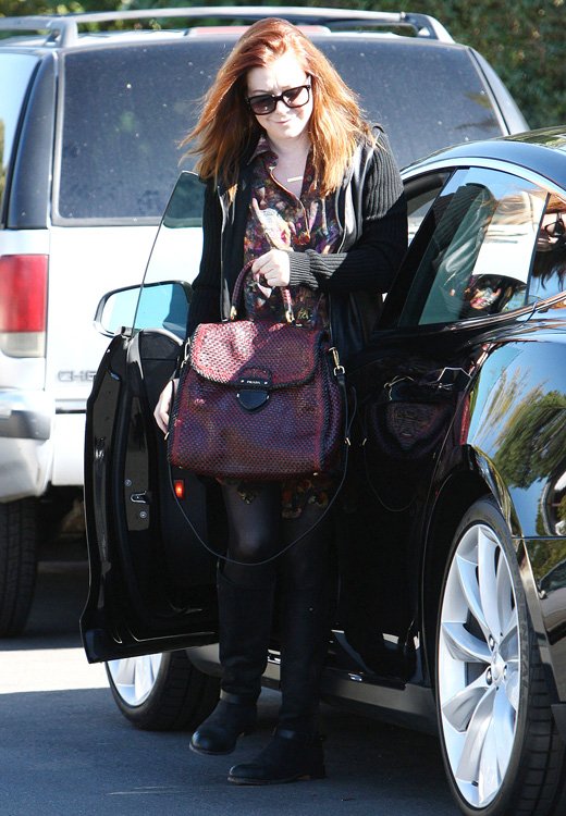Reference image illustrating Alyson Hannigan’s Prada Madras Satchel: A Casual Family Outing in Venice Beach