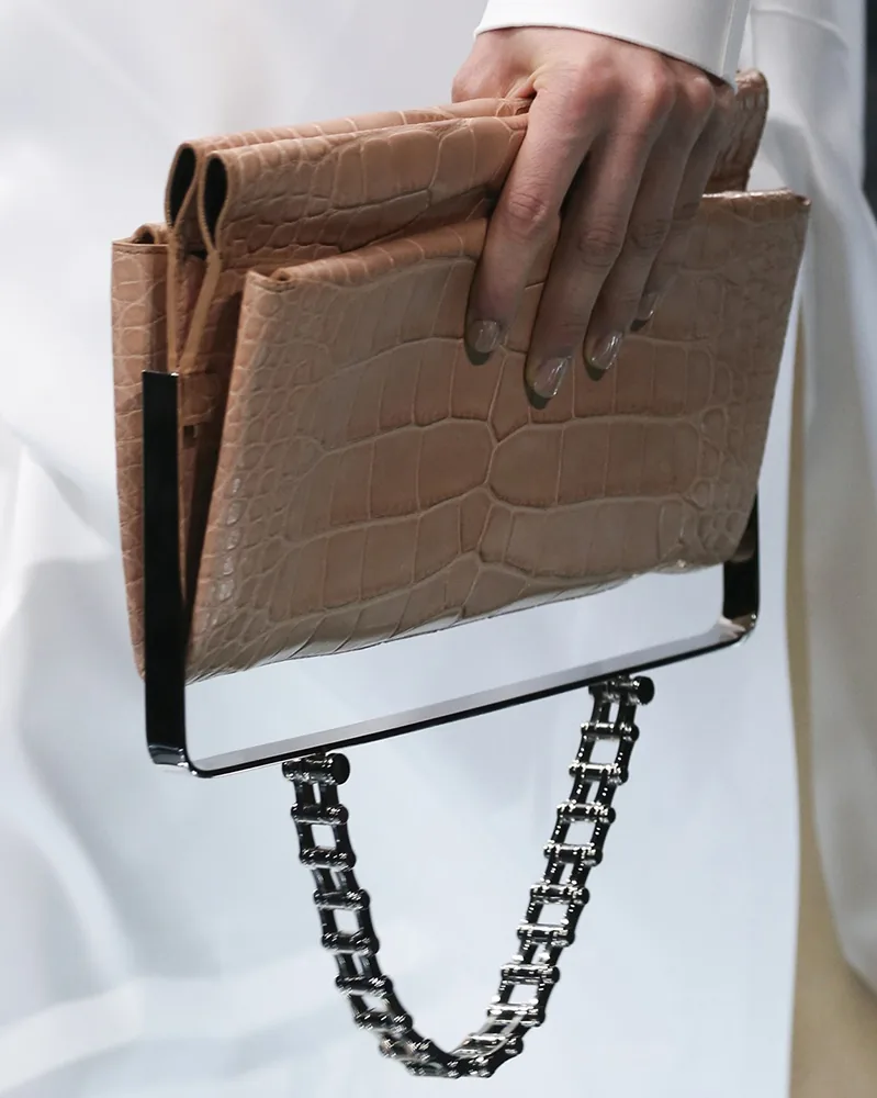 Reference image illustrating Balenciaga Spring 2015 Handbags: Alexander Wang's Refined Exotic Clutches and Top-Handle Designs