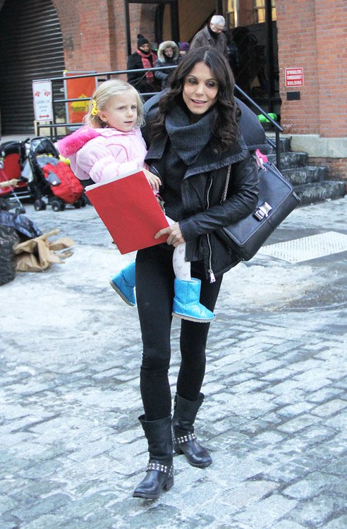 Reference image illustrating Bethenny Frankel Spotted with Christian Louboutin Sweet Charity Bag During School Pick-Up