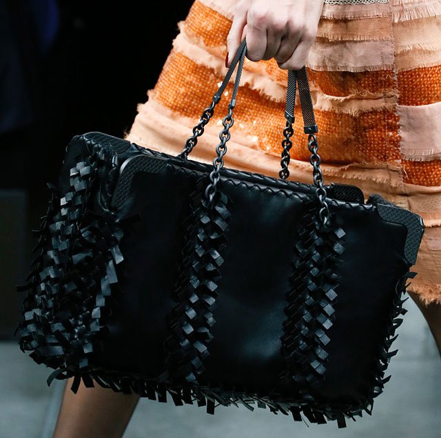 Reference image illustrating Bottega Veneta Spring 2013 Handbags: Exotic Leathers, Intrecciato Fringe, and Butterfly Motifs