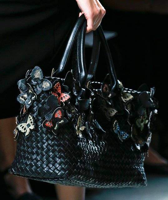 Reference image illustrating Bottega Veneta Spring 2013 Handbags: Exotic Leathers, Intrecciato Fringe, and Butterfly Motifs