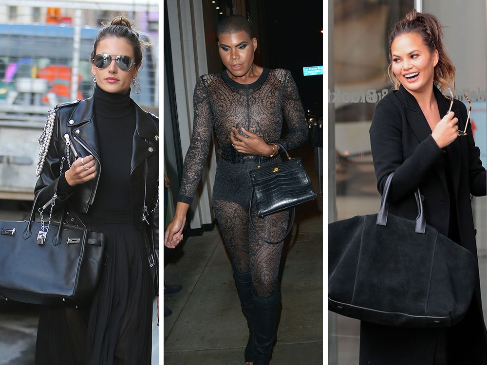 Reference image illustrating Celebrities in Paris, LA, and NYC Carry Oversized Black Bags from Hermès, Aerin, and Stella McCartney