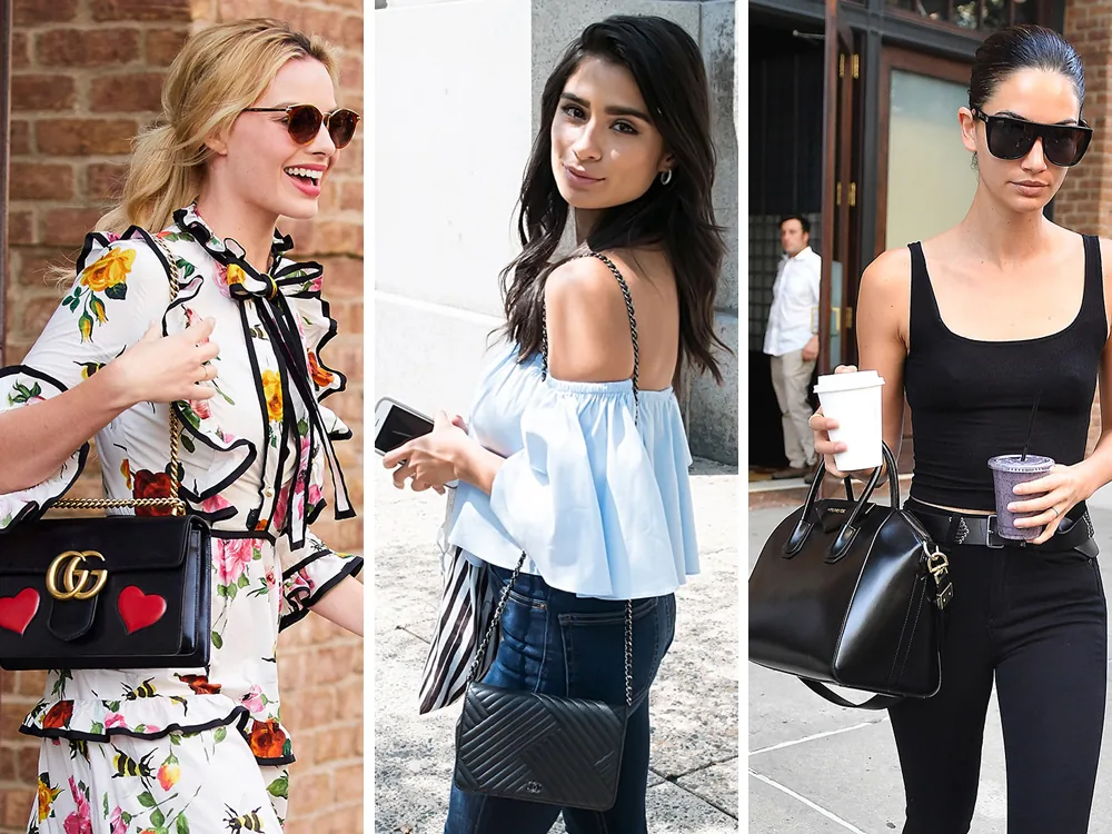 Reference image illustrating Celebrity Handbag Sightings: Gucci, Versace, Chanel & Hermès on the Press Tour Circuit