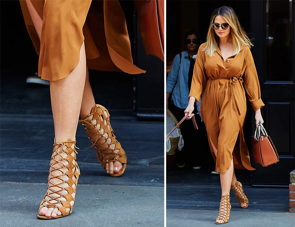 Reference image illustrating Chrissy Teigen's Strappy Sandal Collection: The Ultimate Style Guide for Every Occasion