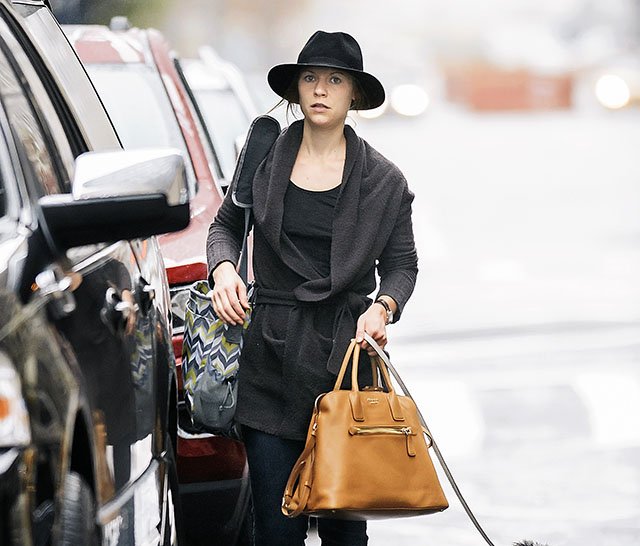 Reference image illustrating Claire Danes Spotted in Soho with Her Prada Saffiano Cuir Open Promenade Bag