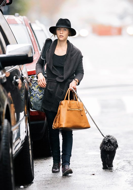 Reference image illustrating Claire Danes Spotted in Soho with Her Prada Saffiano Cuir Open Promenade Bag