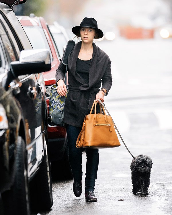Reference image illustrating Claire Danes Spotted in Soho with Her Prada Saffiano Cuir Open Promenade Bag