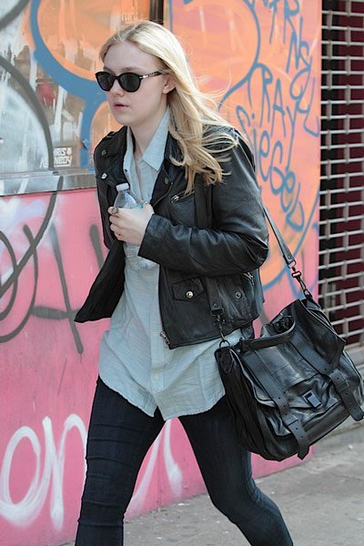 Reference image illustrating Dakota Fanning’s Bag Style: Proenza Schouler PS1 vs. Louis Vuitton Sophia Coppola Satchel