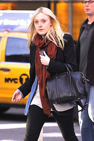 Reference image illustrating Dakota Fanning’s Bag Style: Proenza Schouler PS1 vs. Louis Vuitton Sophia Coppola Satchel