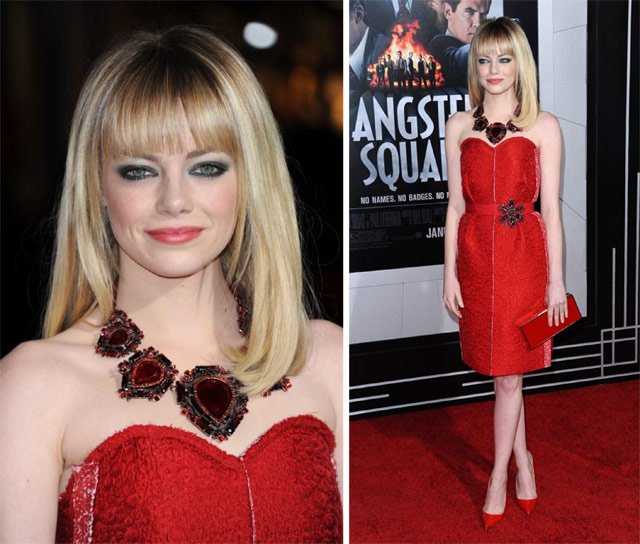 Reference image illustrating Emma Stone’s Red Lanvin Clutch Steals the Show at the Gangster Squad Premiere