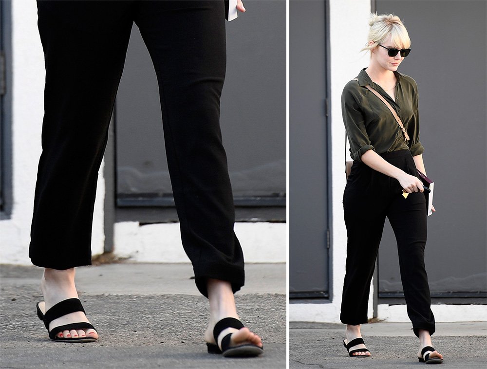 Reference image illustrating Emma Stone’s Understated Shoe Collection: Affordable Sandals, Booties & Sneakers for the Cool-Girl Wardrobe