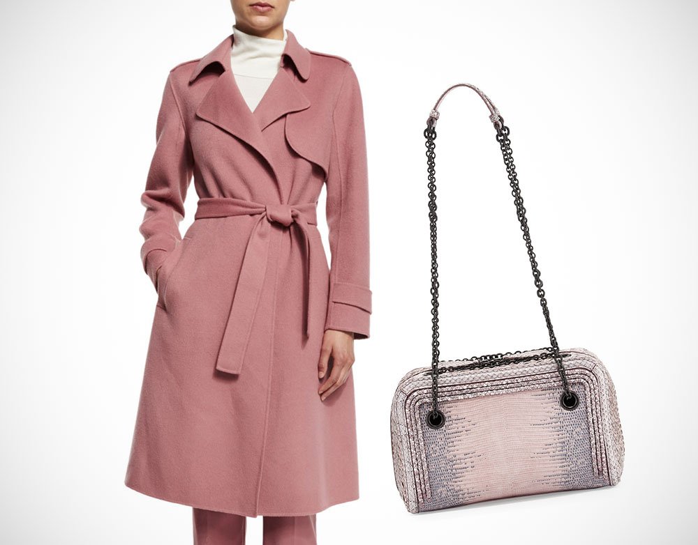 Reference image illustrating Fall’s Perfect Pairing: Theory Pink Trench Coat and Bottega Veneta Snakeskin Bag